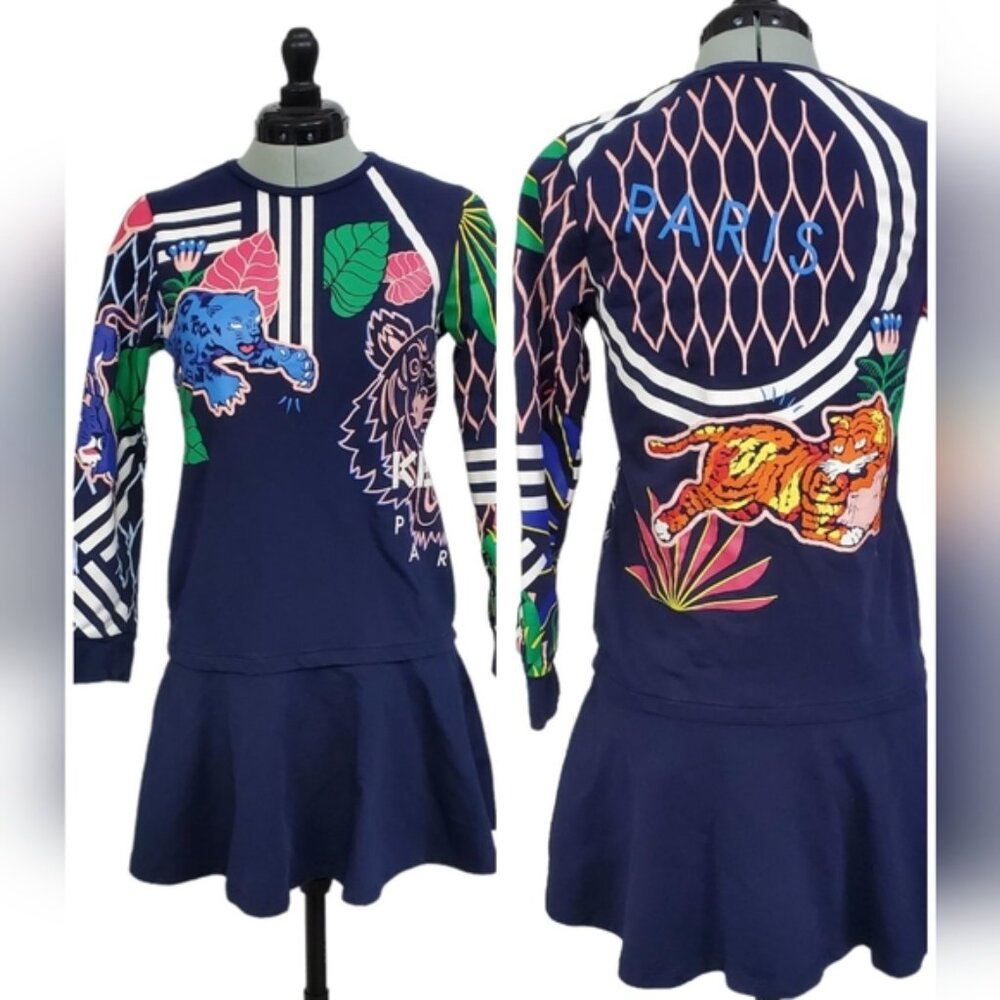 Kenzo Paris Girls Dark Navy Colorful Jungle Tiger Dress Sz 14 - Picture 1 of 14